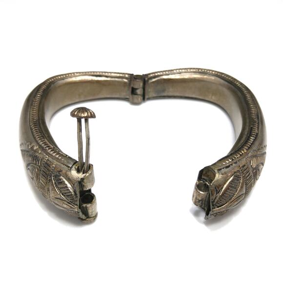 Vintage Tribal Embossed Bracelet w/ Plunger Clasp, Gold Wash, 1940s - Picture 2 of 10